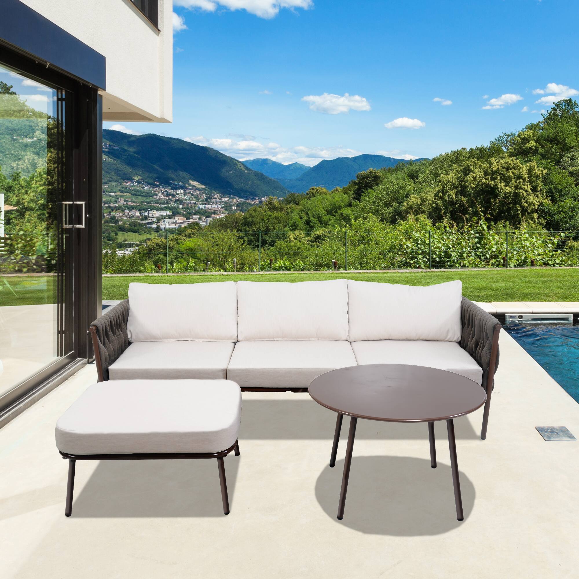 Left. Yardgrace - Outdoor Patio Sectional Sofa Set Round Coffee Table 4 Seat Deep Seating Washable Cushions Chestnut Brown Creamy Apricot - Whlite.