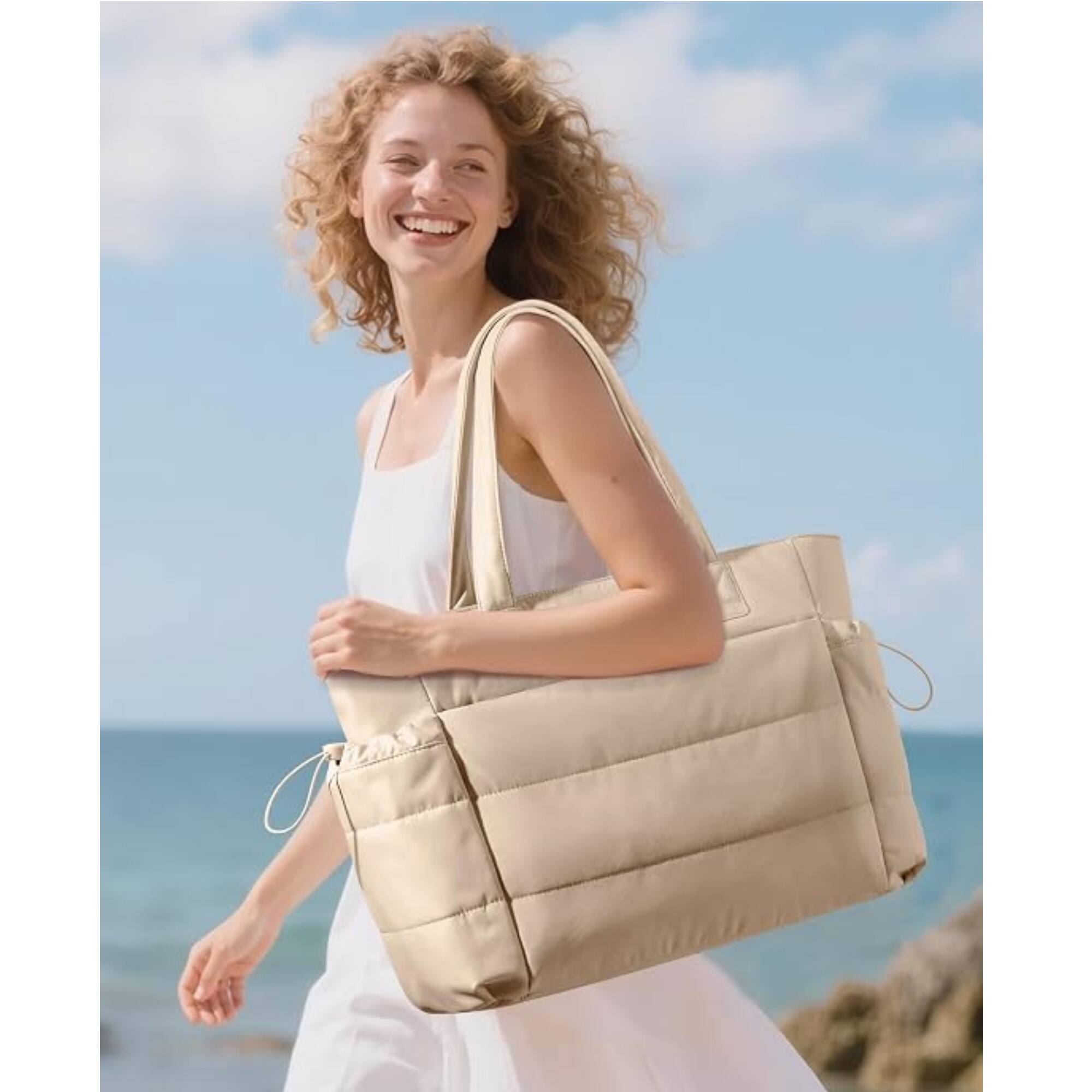Alt View 1. LOVEVOOK - LOVEVOOK Tote Bag for Women with Giant Tumbler Holder Pocket, Puffer Work Travel Laptop Handbag with Zipper, Khaki - Beige.