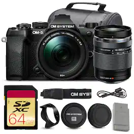 Bundle - OM System - OM-5 Mark II Mirrorless Camera with 14-150mm f/4-5.6 II Lens + 64GB Card + More - Black Advanced