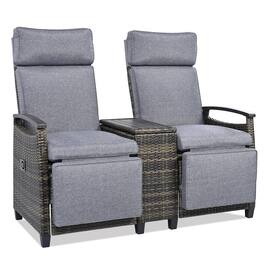 Mondawe - Patio Adjustable Backrest Wicker Recliner Loveseat Chair with Acacia Wood Armrests and Built-in Storage Table - Gray