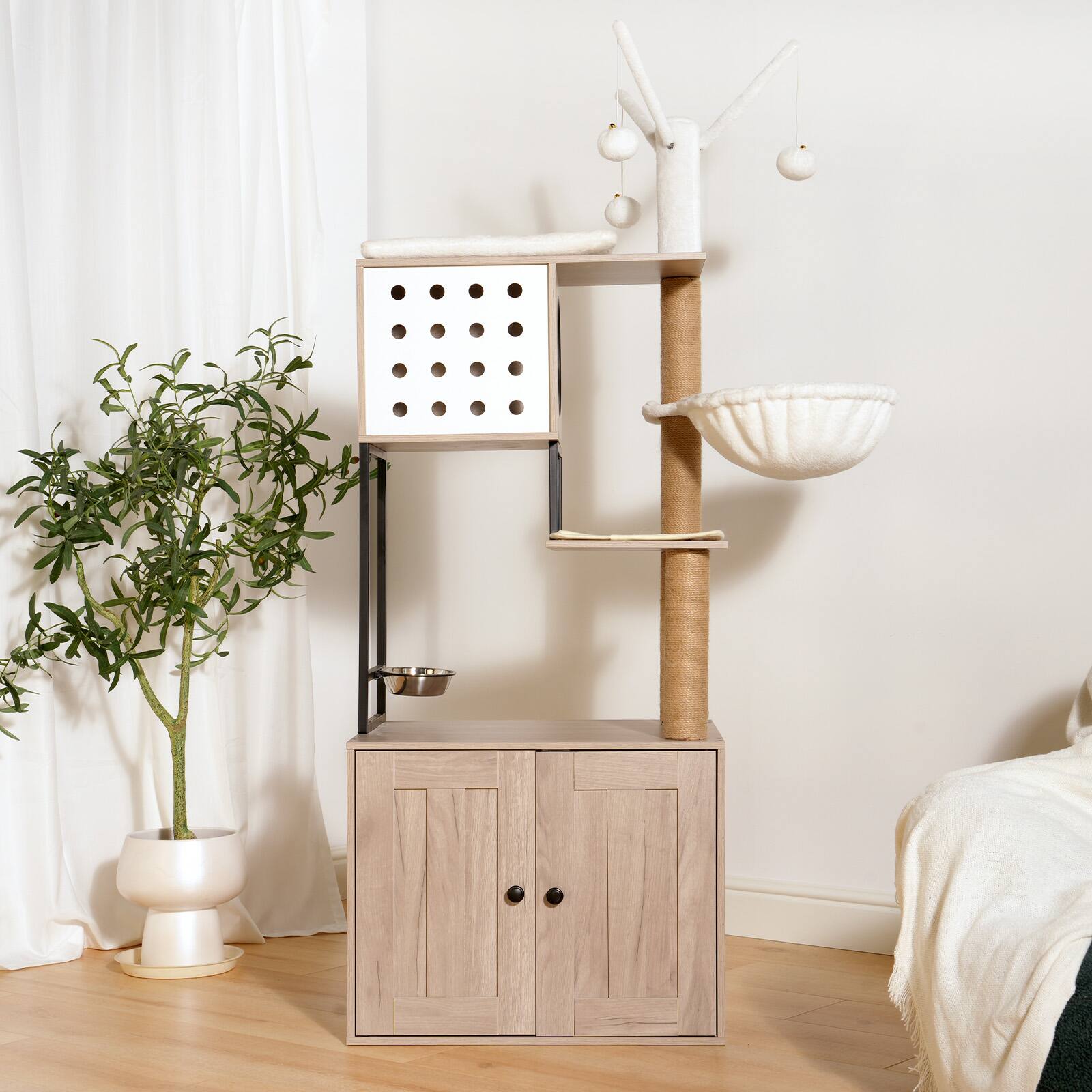 Angle. Yardgrace - Modern Cat Tree with Hidden Litter Box Gray Cat Condo with Scratching Posts and Feeding Bowls - Brown.