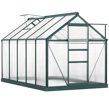 Front. Outsunny - 6' x 10' Greenhouse for Outdoors, Polycarbonate Greenhouse with Rain Gutter and Roof Vent - Dark Green.