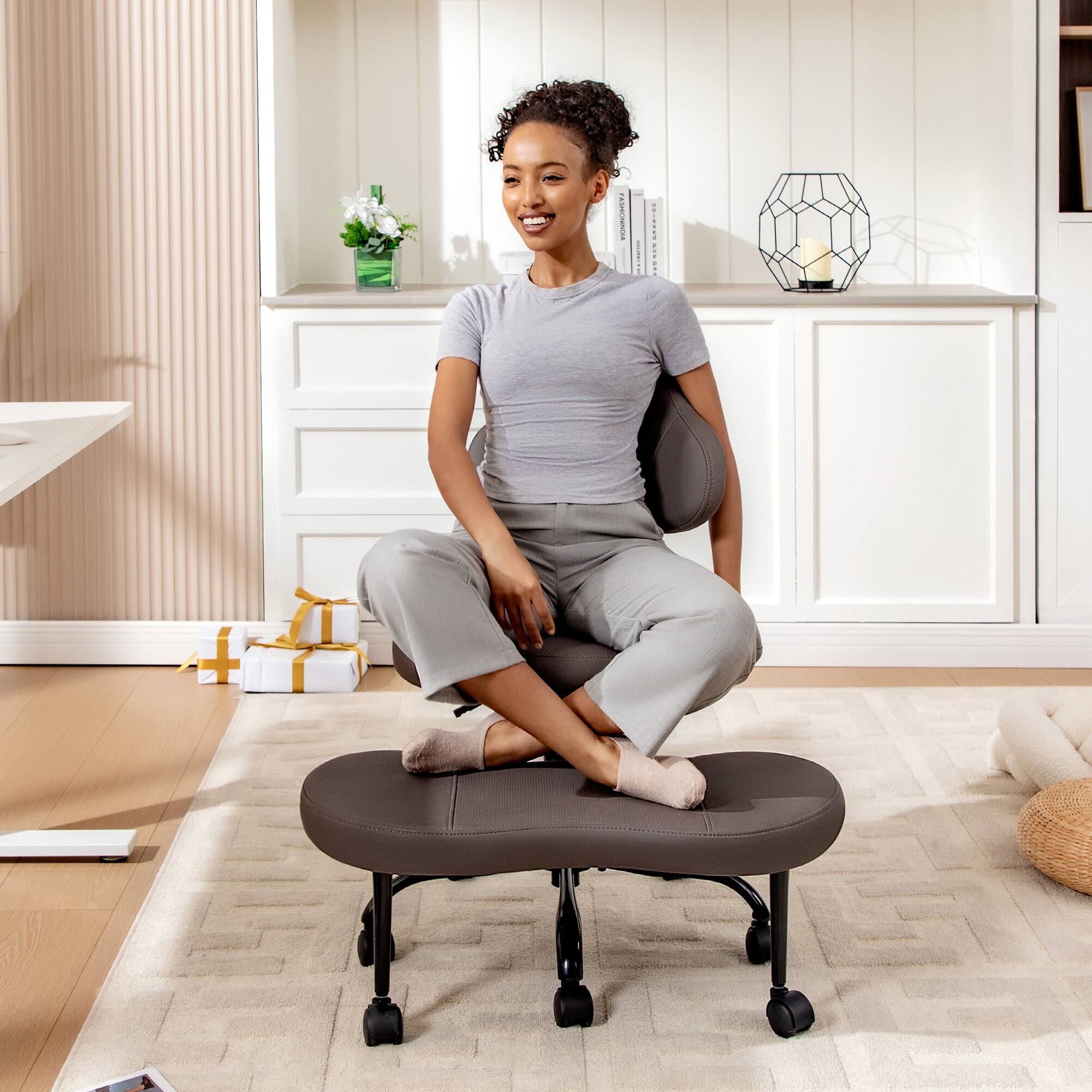 Alt View 4. KERDOM - Ergonomic Cross-Legged Office Chair with Wheels, Meditation & Kneeling Chair for Adult, PU Leather Wide Seat 360° Swivel - Brown.