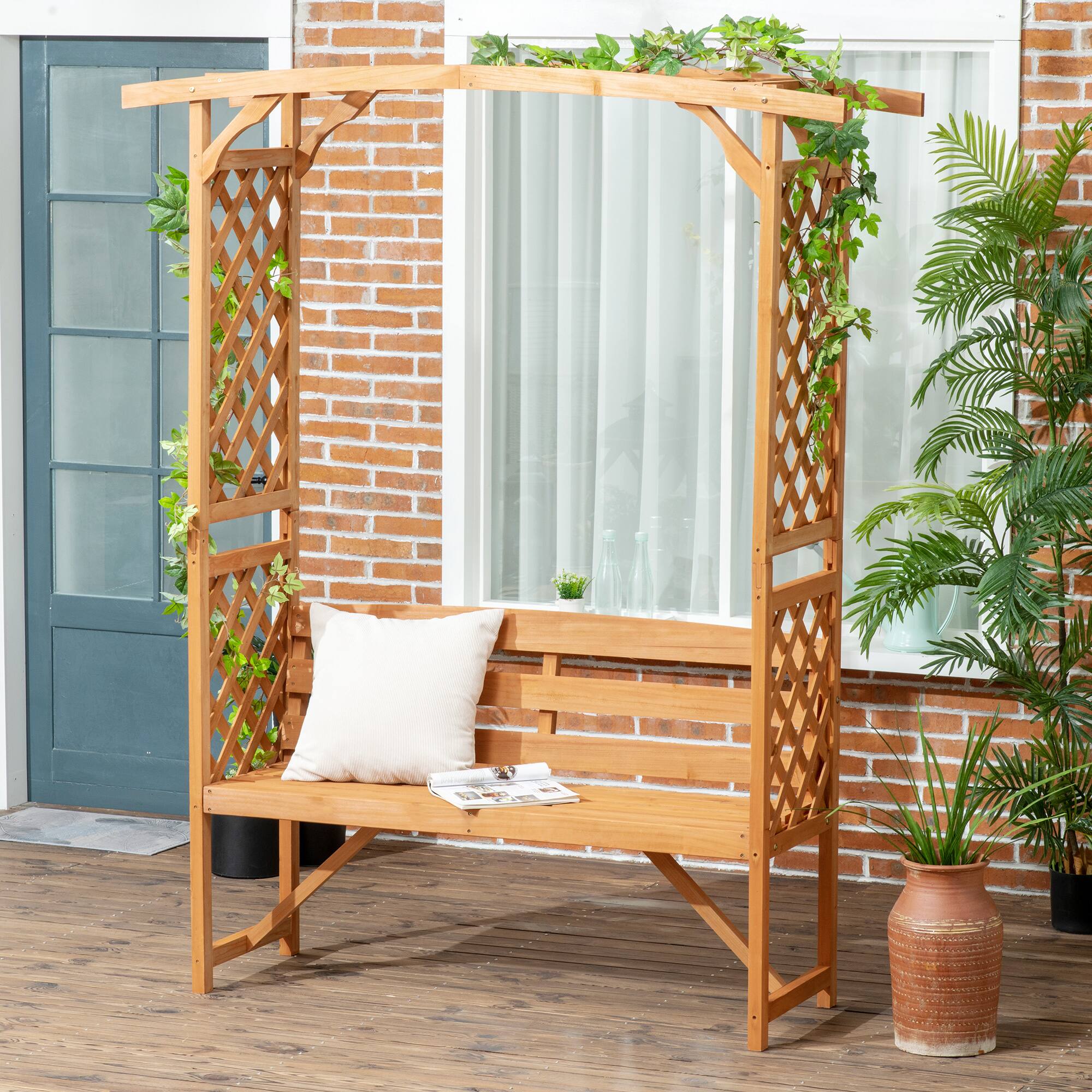 Alt View 1. Outsunny - Patio Garden Bench Arbor Arch with Pergola and 2 Trellises, 3 Seat Natural Wooden Outdoor Bench for Climbing Plants - Brown.