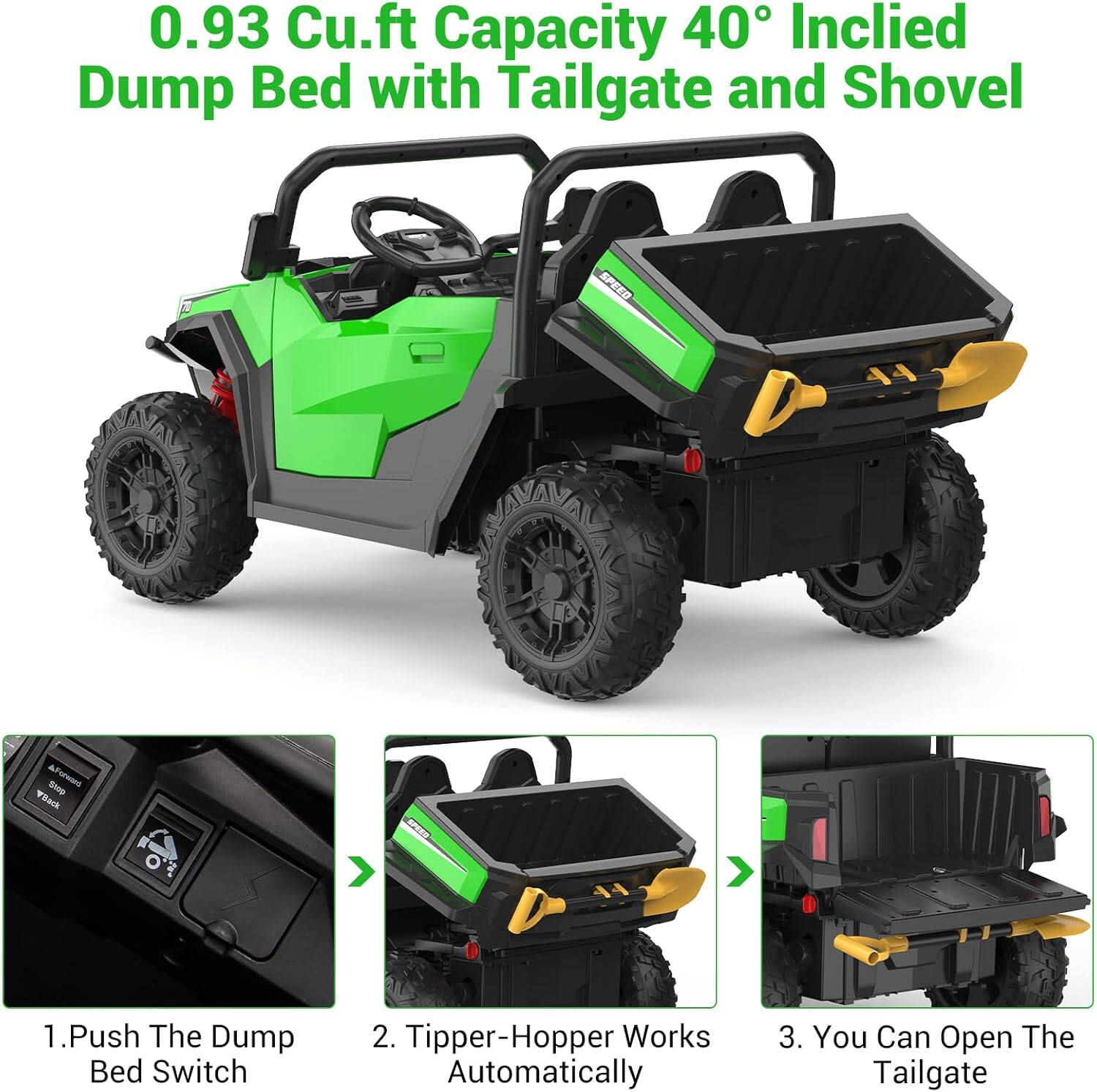 0.93 Cu.ft Capacity 40° Inclined Dump Bed with Tailgate and Shovel

1. Push The Dump Bed Switch
2. Tipper-Hopper Works Automatically
3. You Can Open The Tailgate