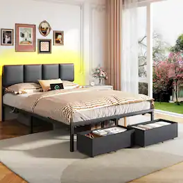 Furnulem - Upholstered Bed Frame with 2 Storage Drawers Modern Full Platform Bed with Charging Station LED Light - Black