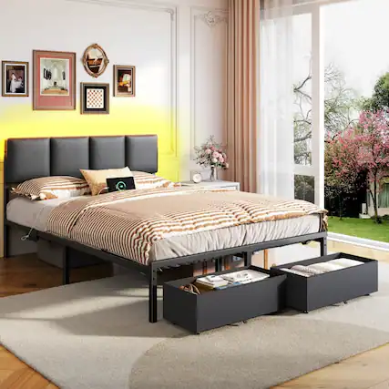 Front. Furnulem - Upholstered Bed Frame with 2 Storage Drawers Modern Full Platform Bed with Charging Station LED Light - Black.