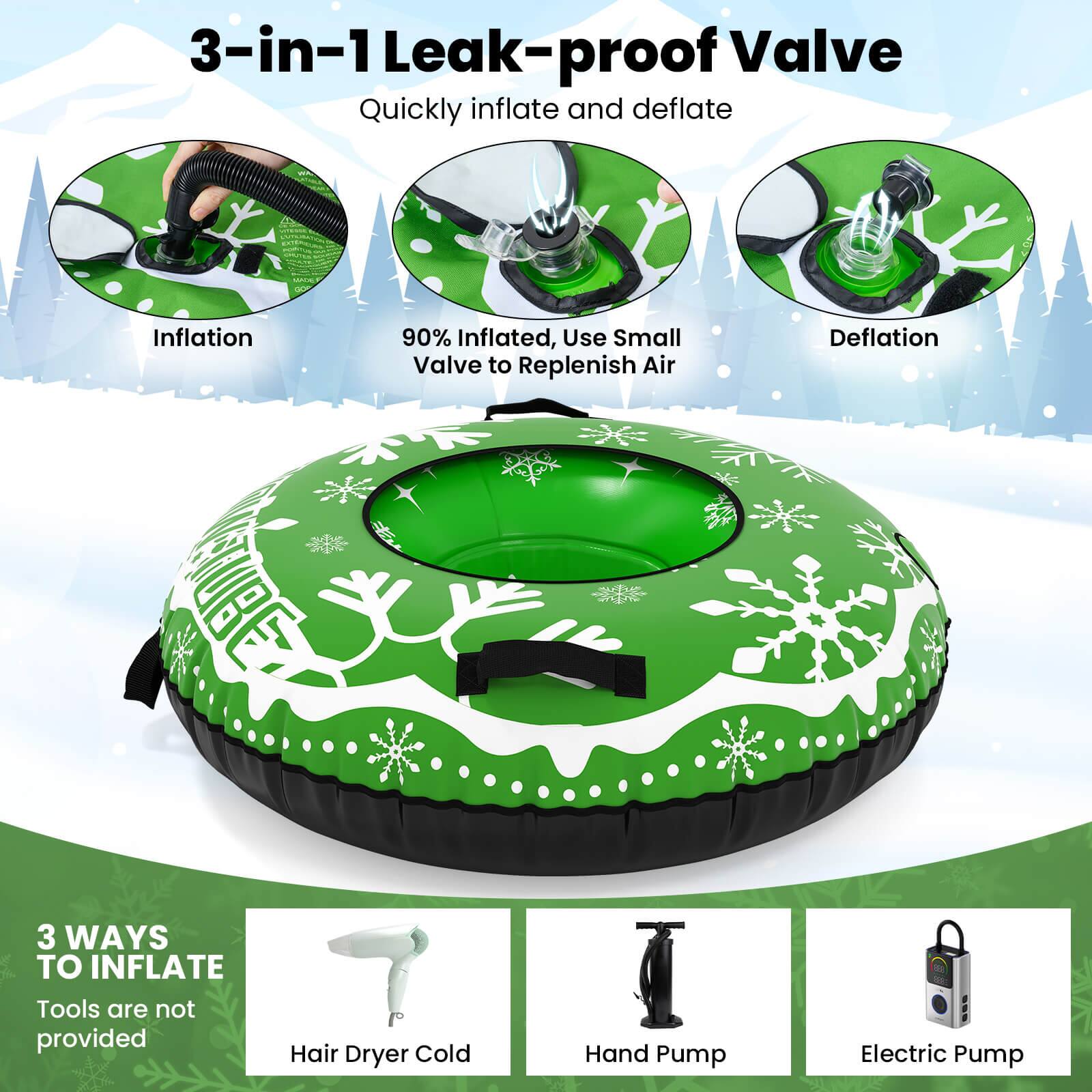 3-in-1 Leak-proof Valve  
Quickly inflate and deflate  

Inflation  
90% Inflated, Use Small Valve to Replenish Air  
Deflation  

3 WAYS TO INFLATE  
Tools are not provided  
Hair Dryer Cold  
Hand Pump  
Electric Pump