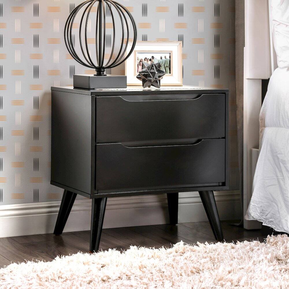 Alt View 1. Furniture of America - Belkor Mid-Century Modern Wood 2-Drawer Nightstand - Black.