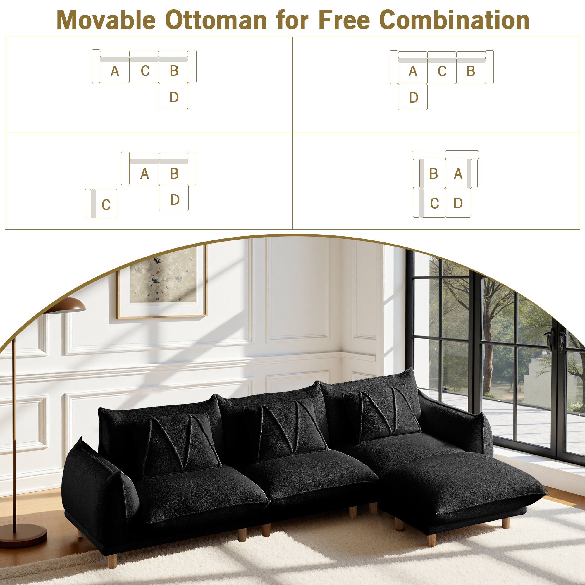 Movable Ottoman for Free Combination

A C B  
D  

A C B  
D  

A B  
C D  

B A  
C D  

A C  
B D  

A C  
B D