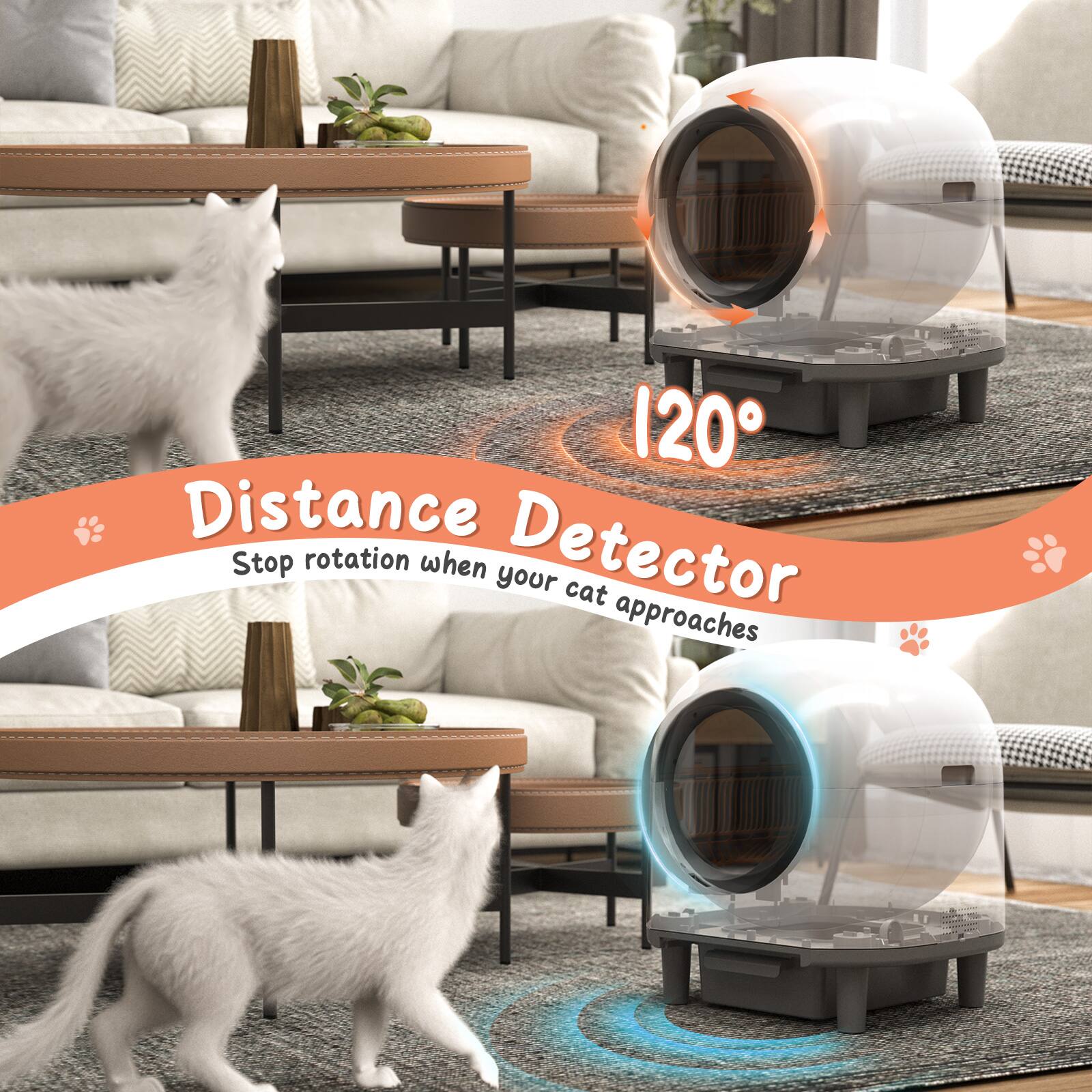 120° Distance Detector
Stop rotation when your cat approaches