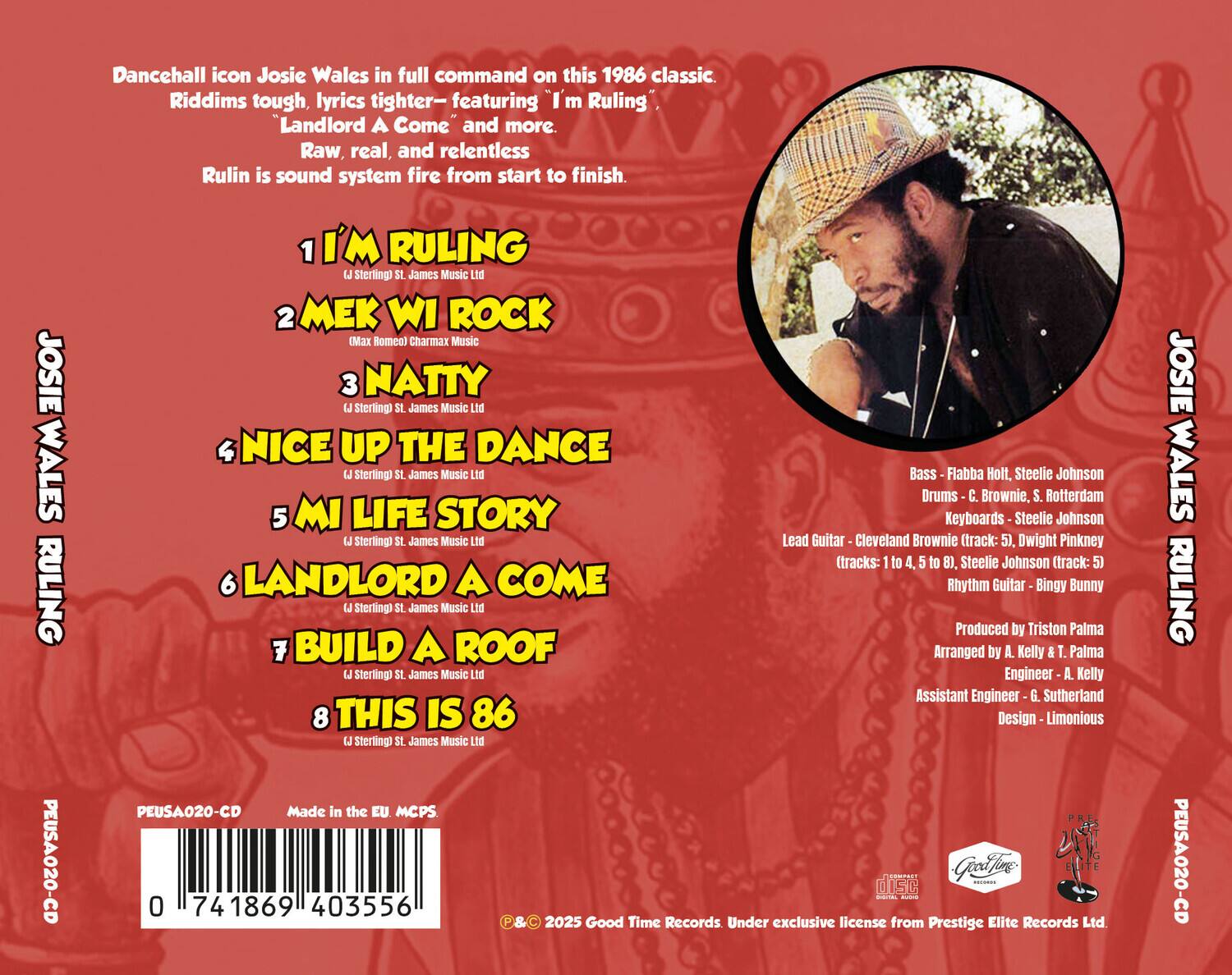 Dancehall icon Josie Wales in full command on this 1986 classic. Riddims tough, lyrics tighter—featuring "I'm Ruling," "Landlord A Come" and more. Raw, real, and relentless Rulin is sound system fire from start to finish.

1. I'M RULING  
   (J Sterling St. James Music Ltd)

2. MEK WI ROCK  
   (Max Romco) Charmax Music

3. NATTY  
   (J Sterling St. James Music Ltd)

4. NICE UP THE DANCE  
   (J Sterling St. James Music Ltd)

5. MI LIFE STORY  
   (J Sterling St. James Music Ltd)

6. LANDLORD A COME  
   (J Sterling St. James Music Ltd)

7. BUILD A ROOF  
   (J Sterling St. James Music Ltd)

8. THIS IS 86  
   (J Sterling St. James Music Ltd)

Bass - Flabba Holt, Steelie Johnson  
Drums - C. Brownie, S. Rotterdam  
Keyboards - Steelie Johnson  
Lead Guitar - Cleveland Brownie (tracks: 1 to 4, 5 to 8), Dwight Pinkney (