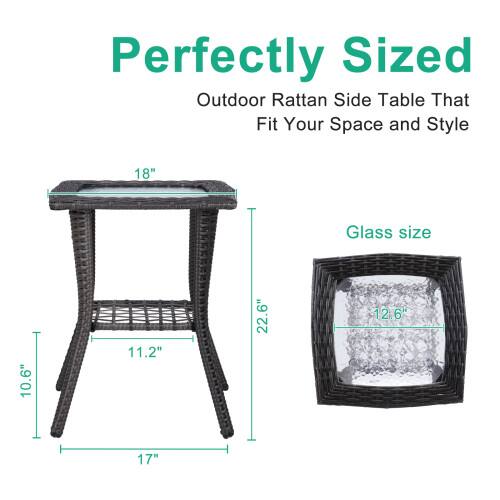 Perfectly Sized Outdoor Rattan Side Table That Fit Your Space and Style

Glass size: 10.6" x 11.2" x 12.6"

Table dimensions: 18" x 17" x 22.6"