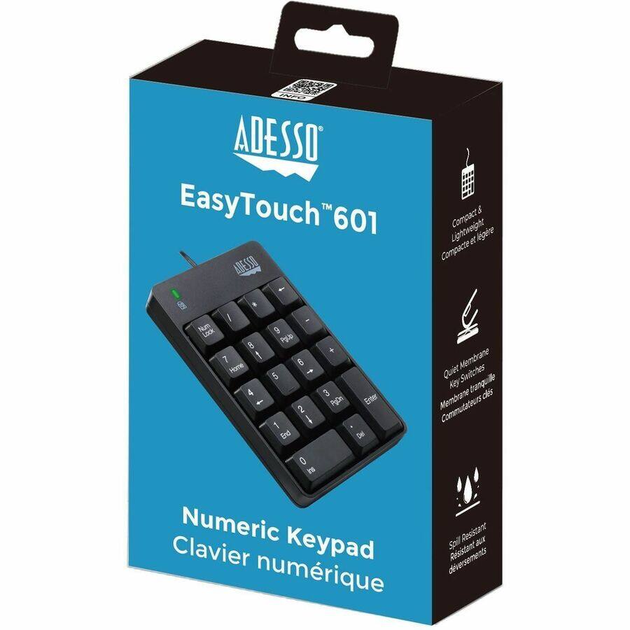 ADESSO EasyTouch™ 601

Numeric Keypad  
Clavier numérique

- Compact & Lightweight  
  Compacte et légère

- Quiet Membrane Key Switches  
  Membresane silencieuse  
  Commutateurs silencieux

- Spill Resistant  
  Résistant aux déversements