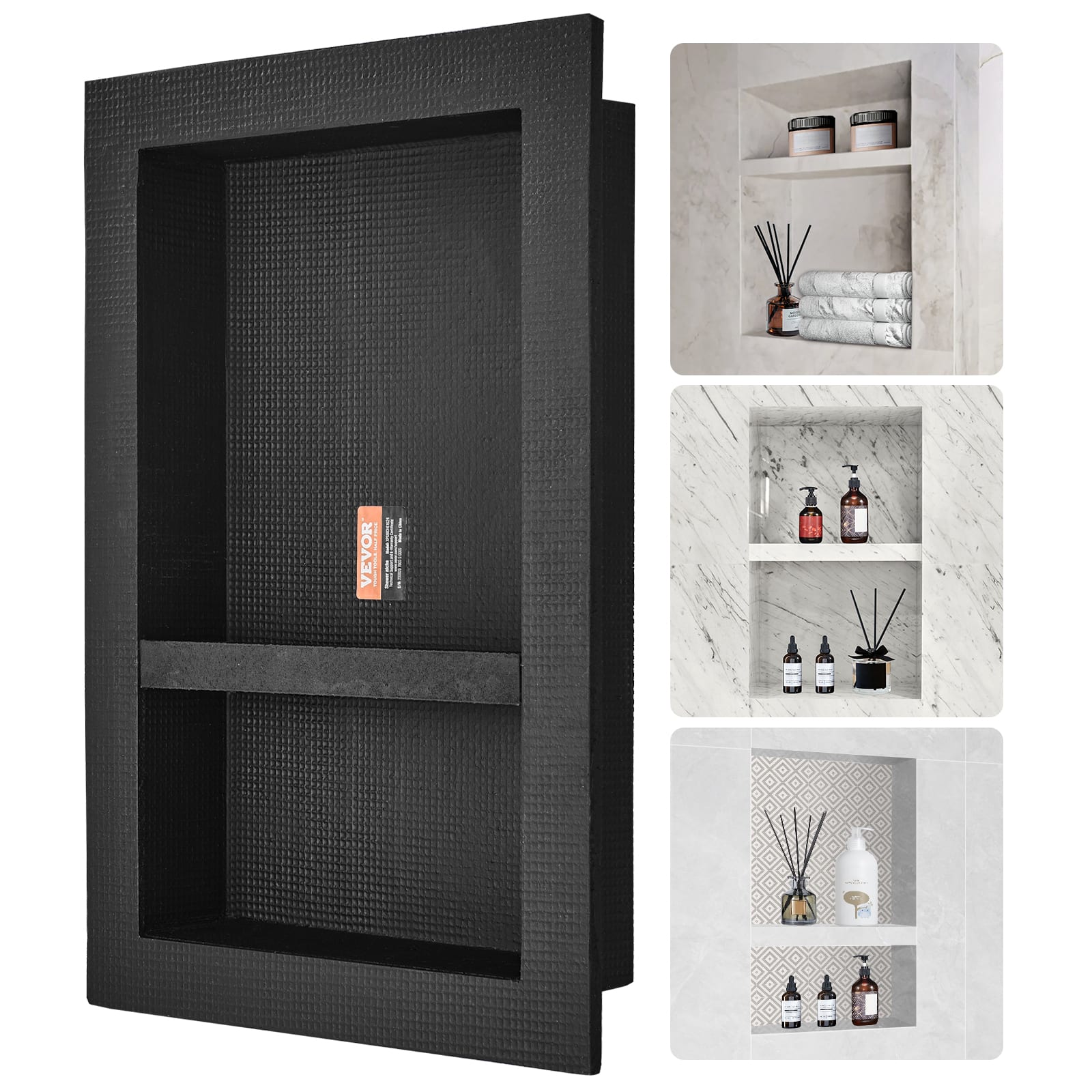 VEVOR - Shower Niche Ready for Tile 16" x 24", Double Shelf Organizer, Square Corners Wall-inserted Niche Recessed - Black