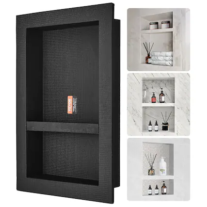 Front. VEVOR - Shower Niche Ready for Tile 16" x 24", Double Shelf Organizer, Square Corners Wall-inserted Niche Recessed - Black.