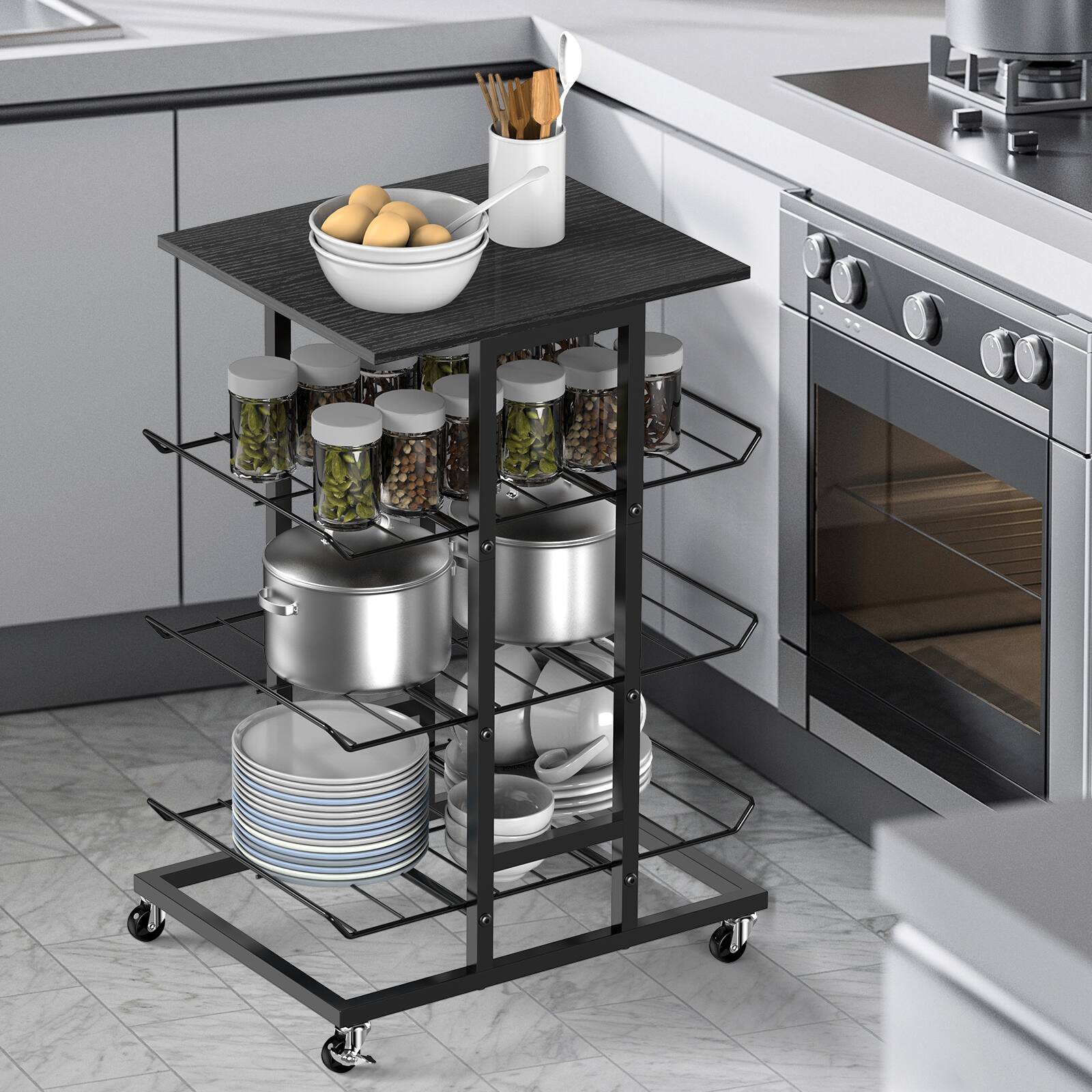 Angle. Oumilen - 3-Tier Rolling Water Bottle Rack with Top Wood Shelf, Black - Black.
