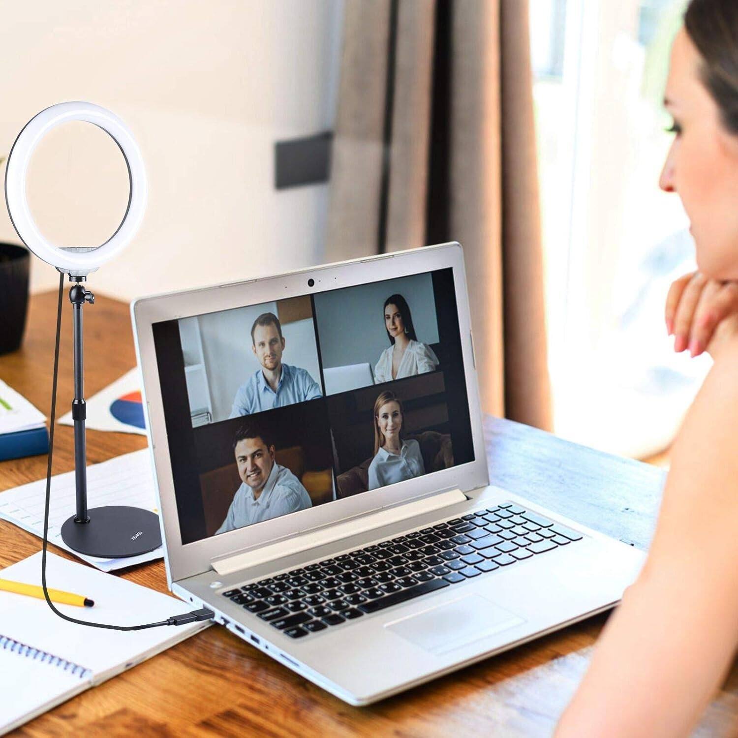 Back. Schertz - 10" Desktop Selfie Ring Light with Stand & Phone Holder, 3 Dimmable LED Modes, Remote Shutter for iPhone & Android.