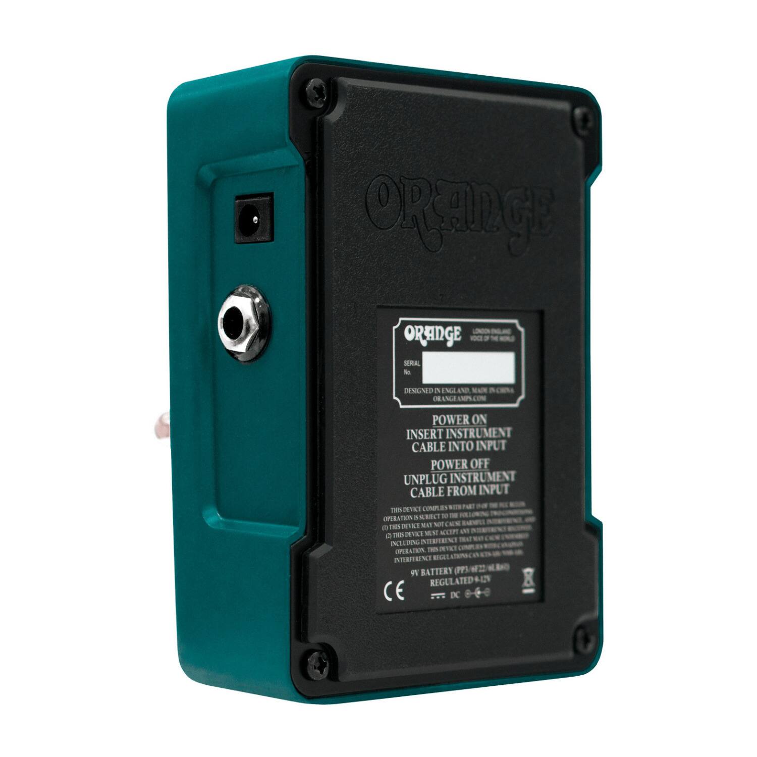 ORANGE  
POWER ON  
INSERT INSTRUMENT CABLE INTO INPUT  
POWER OFF  
UNPLUG INSTRUMENT CABLE FROM INPUT  

DESIGNED IN ENGLAND  
MADE IN CHINA  

9V BATTERY (PP3 22.5V)  
REGULATED 9V DC  

CE