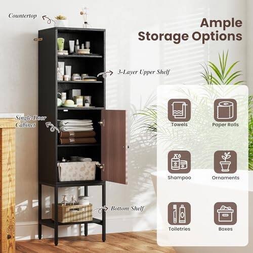 Countertop, Ample Storage Options, 3-Layer Upper Shelf, Single-Deer Cabinet, Towels, Paper Rolls, Shampoo, Ornaments, Bottom Shelf, Toiletries, Boxes