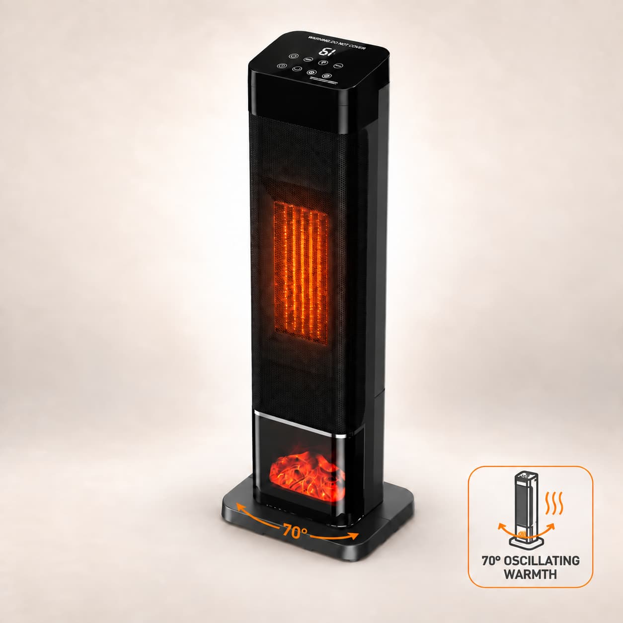 Mountman - 1500W Electric Space Heater, 3-Color Flame, Remote, 24H Timer, ECO, 70° Oscillation - Black