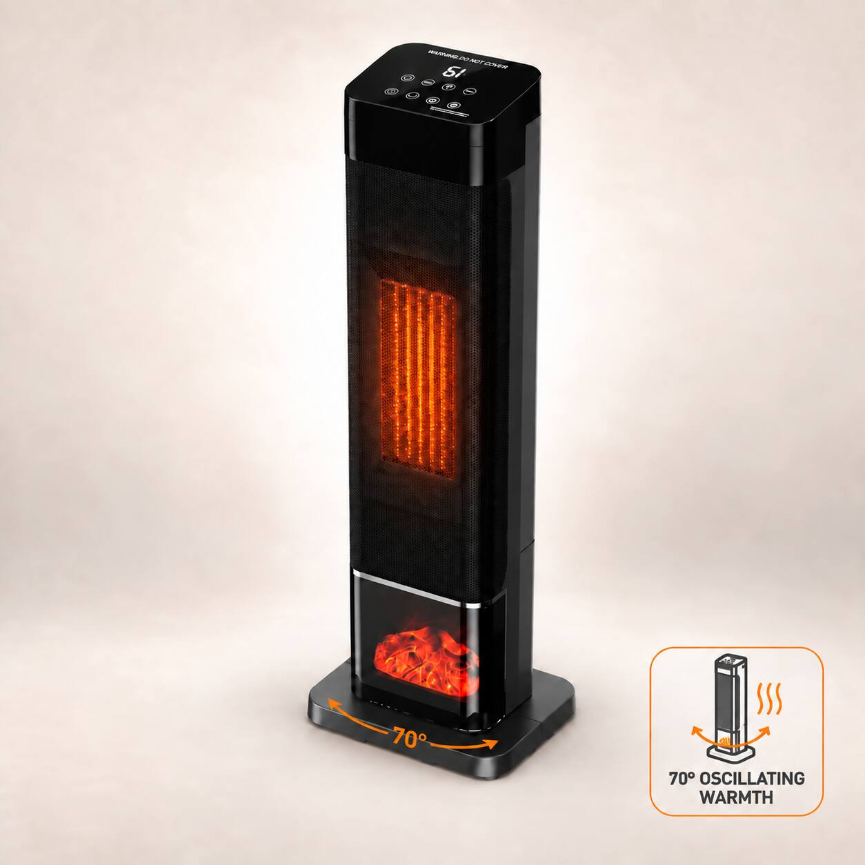 Mountman - 1500W Electric Space Heater, 3-Color Flame, Remote, 24H Timer, ECO, 70° Oscillation - Black