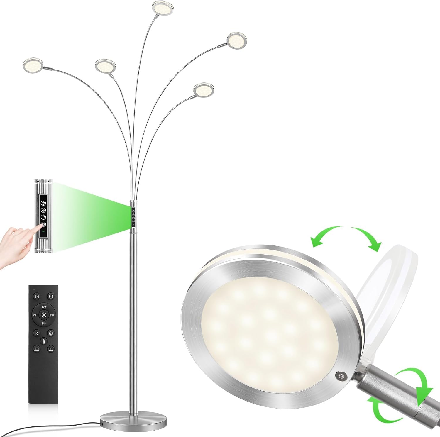 Front. Nordic Hygge - LED Arc Floor Lamp with Remote, 2250LM Dimmable Floor Lamp with Timer, Adjustable Colors, Brightness & 5 Adjustable Arm - Brushed Nickel.