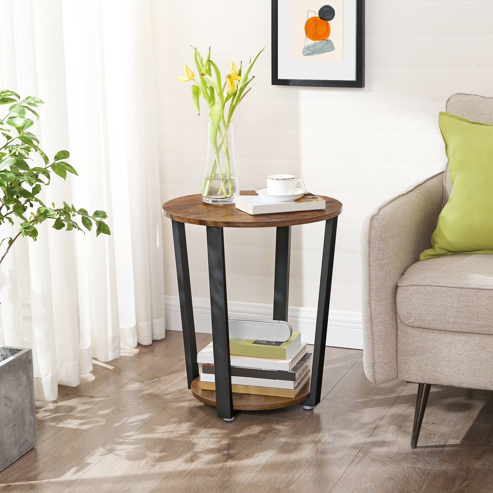 Angle. Songmics Home - End Table, Round Side Table with Storage Shelf, Easy Assembly, Industrial Accent Furniture with Steel Frame - Rustic Brown and Black.