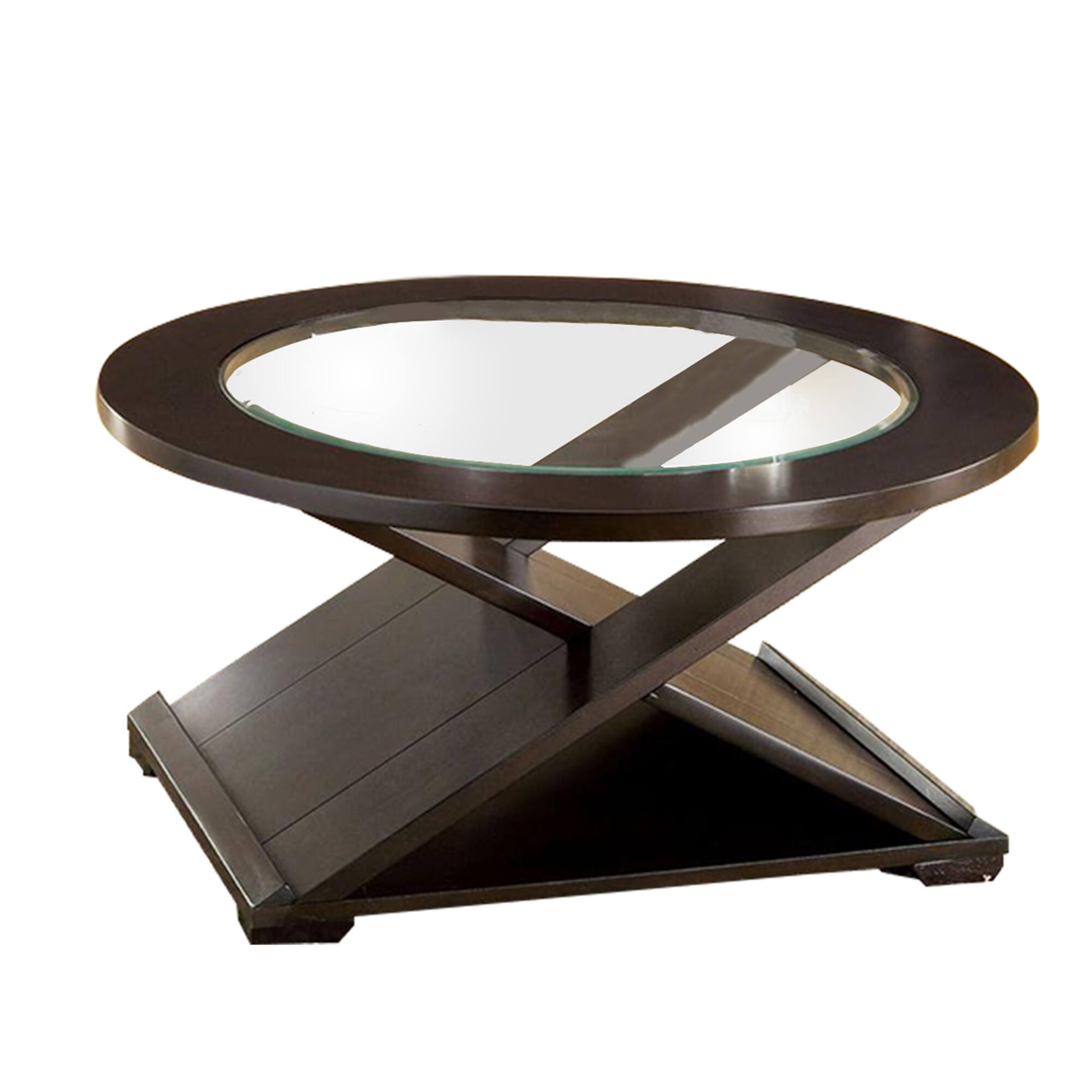 Alt View 1. Manhattan Lane - 3 Piece Round Glass Coffee Table and End Table with X Shaped Base - Brown.