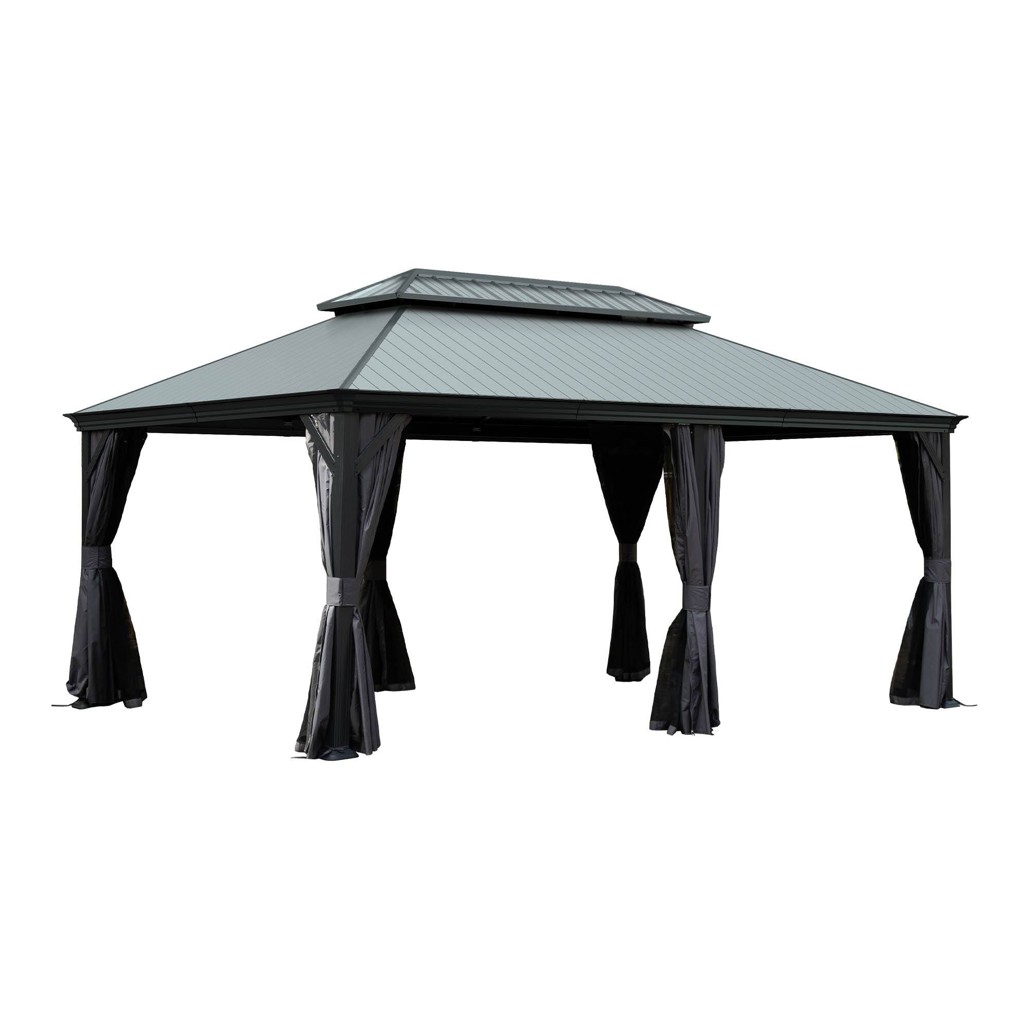 Left. Mondawe - 12x18 Metal Gazebo With Resin Roof ,Curtains and Mosquito Netting Included - Dark Gray.