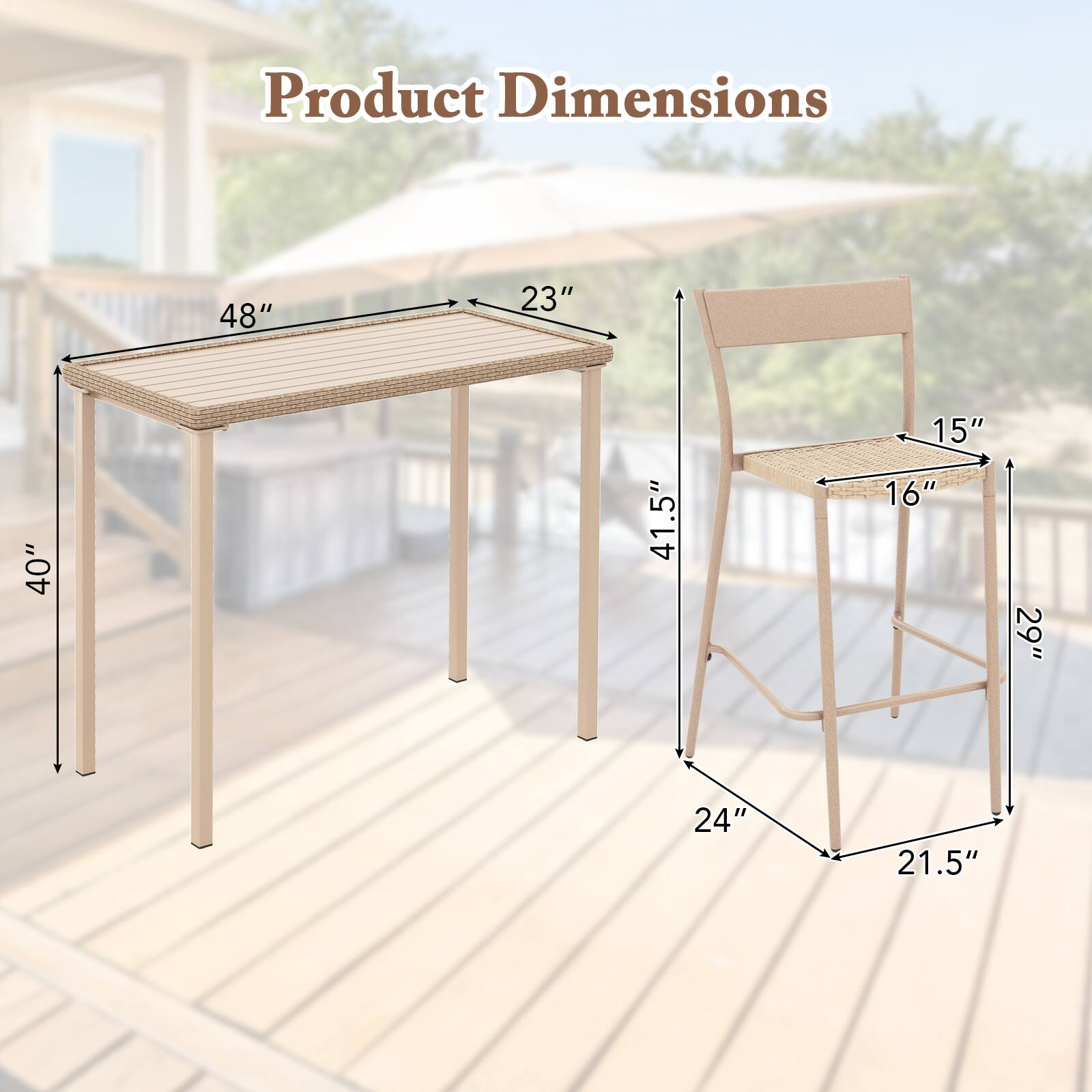 Product Dimensions

- Table: 48" x 23" x 40" (height)
- Chair: 16" (width) x 15" (depth) x 41.5" (height)
- Base: 24" x 21.5"