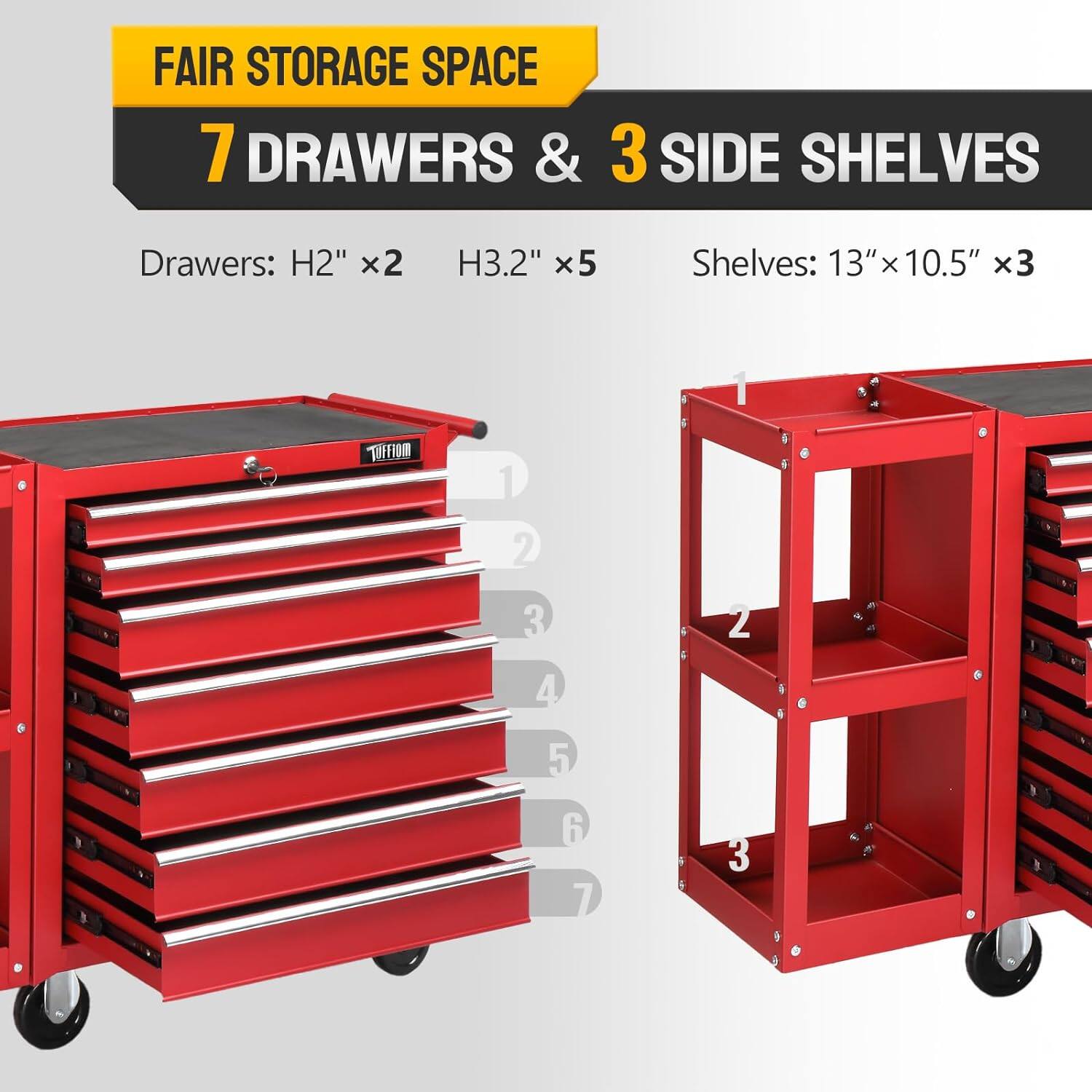 FAIR STORAGE SPACE  
7 DRAWERS & 3 SIDE SHELVES  

Drawers: H2" x2 H3.2" x5  
Shelves: 13" x 10.5" x3