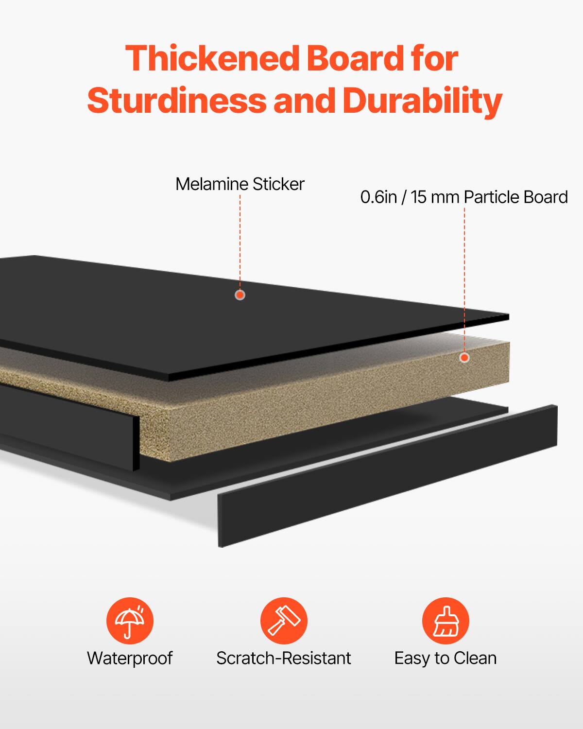 Thickened Board for Sturdiness and Durability

Melamine Sticker

0.6in / 15 mm Particle Board

Waterproof

Scratch-Resistant

Easy to Clean