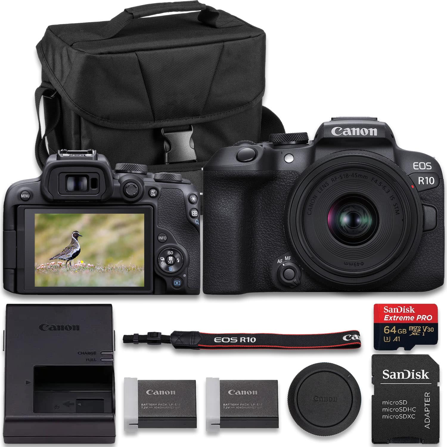 Bundle - Canon - EOS R10 Mirrorless Camera with RF-S 18-45mm Lens, Extra Battery, 64GB Card & Case - Black price history on PriceWatchPro