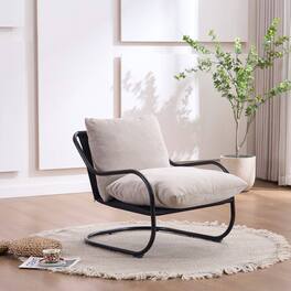 FERPIT - Modern Curved Accent Chair with Faux Linen Upholstery, Comfy Lounge Chair with Metal Frame & Cushions - Beige