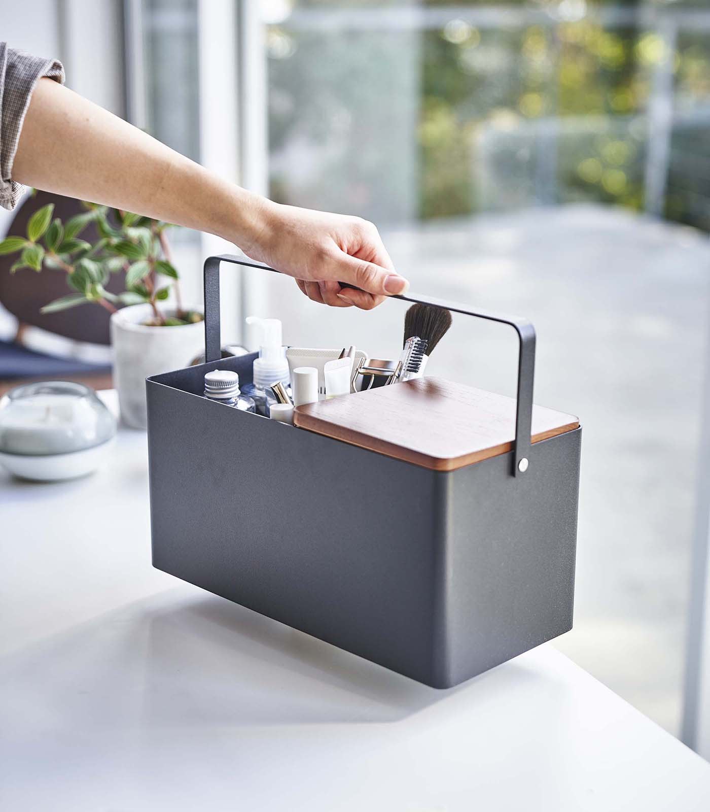Alt View 6. Yamazaki Home - Makeup Organizer with Mirror - Steel + Wood - White.