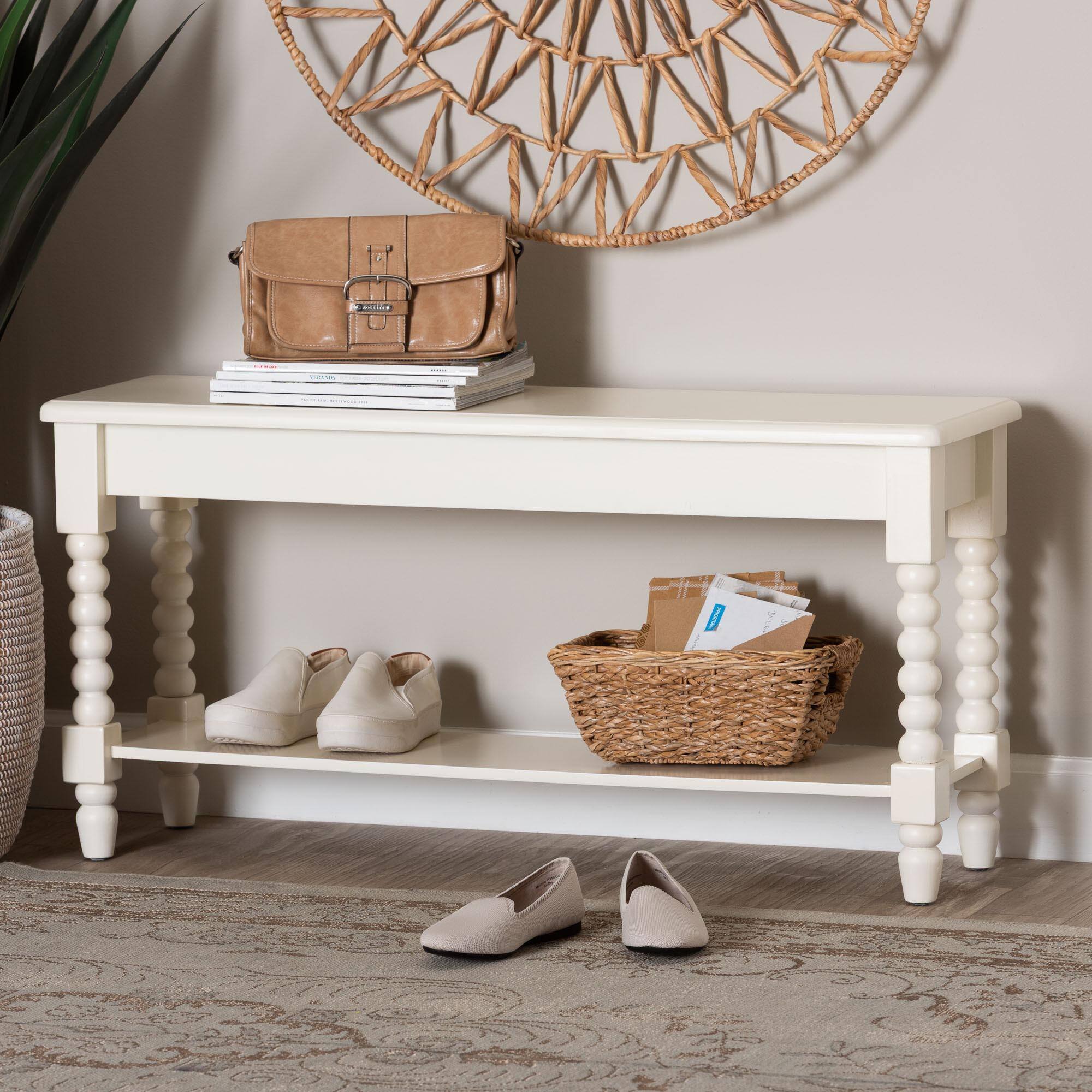 Alt View 2. Baxton Studio - Bayard Accent Bench with Bobbin Legs - Spindle Leg Entryway Bench with Shelf, Hallway or Mudroom Seating - White.