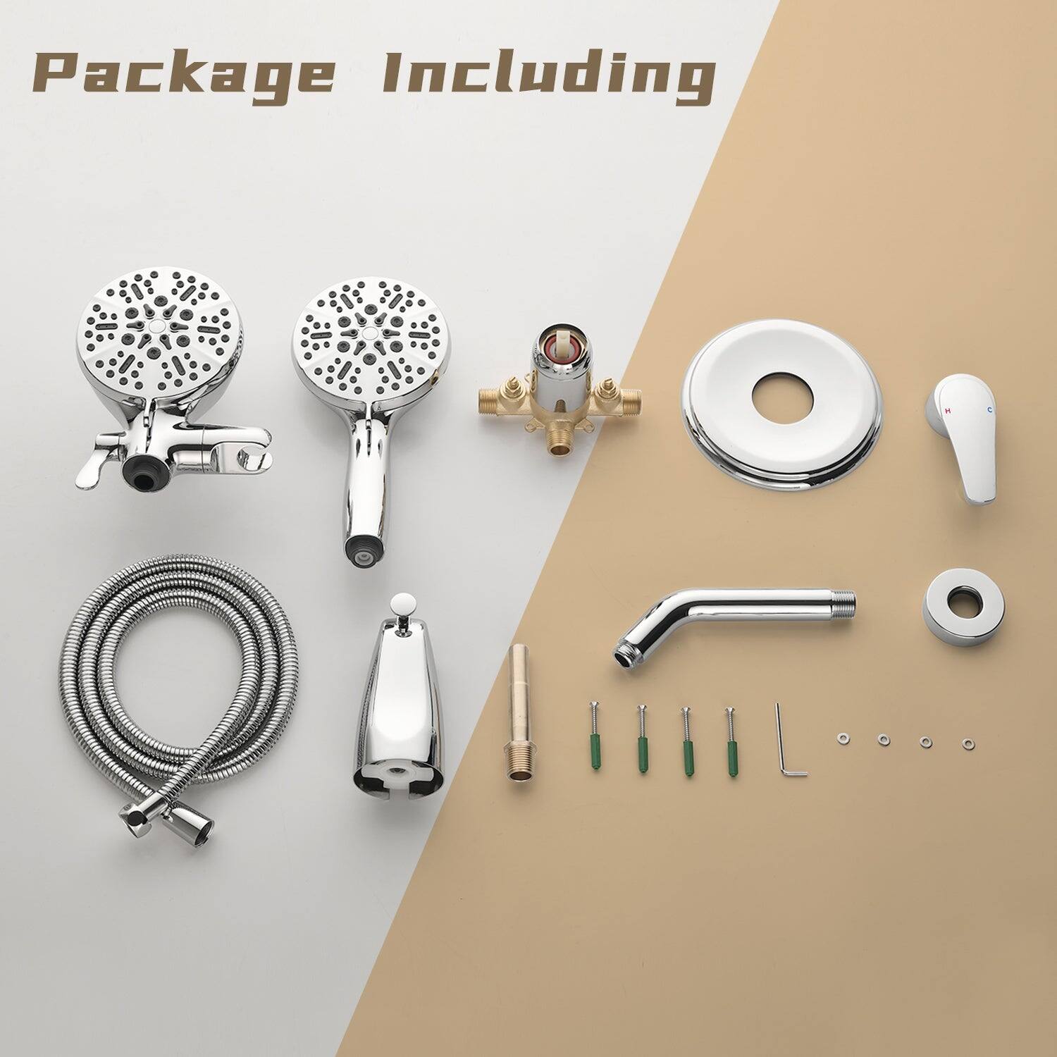 Package Including

- Showerheads
- Shower hose
- Shower valve
- Shower tray
- Shower control
- Drain
- Screws and fittings
