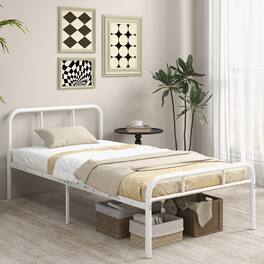 Gymax - 12-Inch Twin Bed Frame Modern Metal Platform Bed w/ Headboard & Footboard - White
