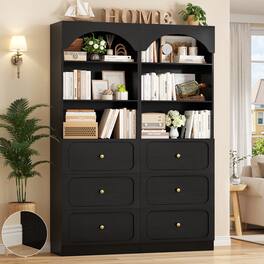Aheaplus - 80" 2-Piece Arched Wooden Pantry Bookshelf Set - 6 Drawers & 6-Tier Shelves, Seamless Wall Fit for Living Room/Kitchen - Black