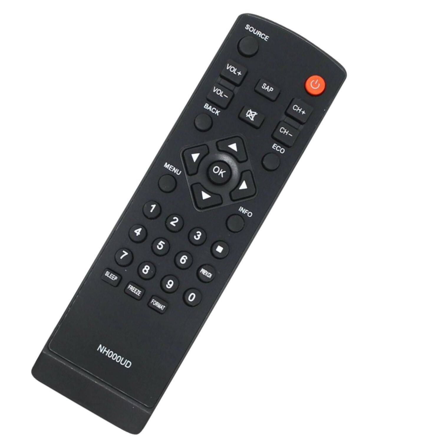 Sure, here is the corrected and grouped text from the image:

- SOURCE
- VOL+
- VOL-
- SAP
- CH+
- CH-
- ECO
- BACK
- OK
- MENU
- INFO
- 1
- 2
- 3
- 4
- 5
- 6
- 7
- 8
- 9
- 0
- PREVCH
- SLEEP
- FREEZE
- FORMAT
- NH000UD