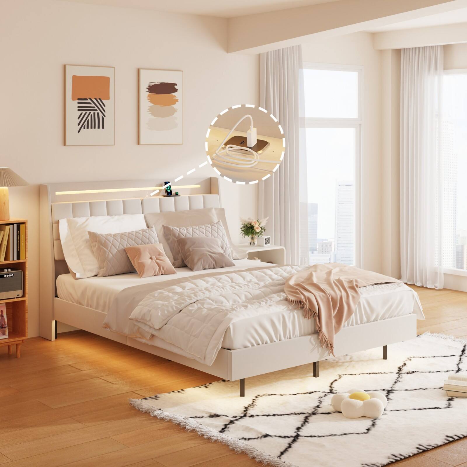 Alt View 6. Ecooso - Full Floating Bed Frame，LED Light ，Charging，Bed Frame Queen Size with Headboard and Storage, No Box Spring Needed - Beige.