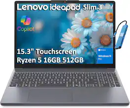 Lenovo - IdeaPad Slim 3 15.3" WUXGA Touchscreen Laptop - AMD Ryzen 5 with 16GB Memory - 512GB SSD - Win 11Pro - Luna Grey
