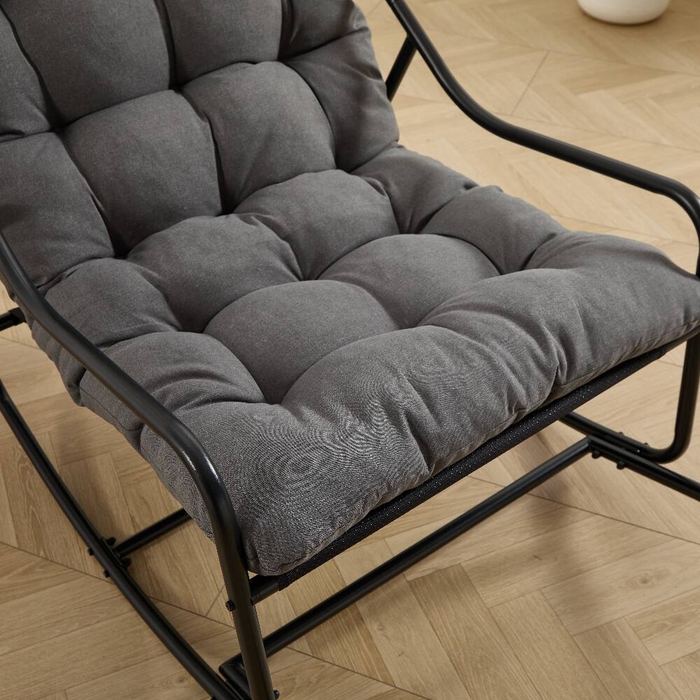 Alt View 4. Loheer - Loheer Outdoor Rocking Chair with Thick Grey Cushion, Modern Black Steel Frame Patio Rocker for Living Room and Bedroom - Grey.