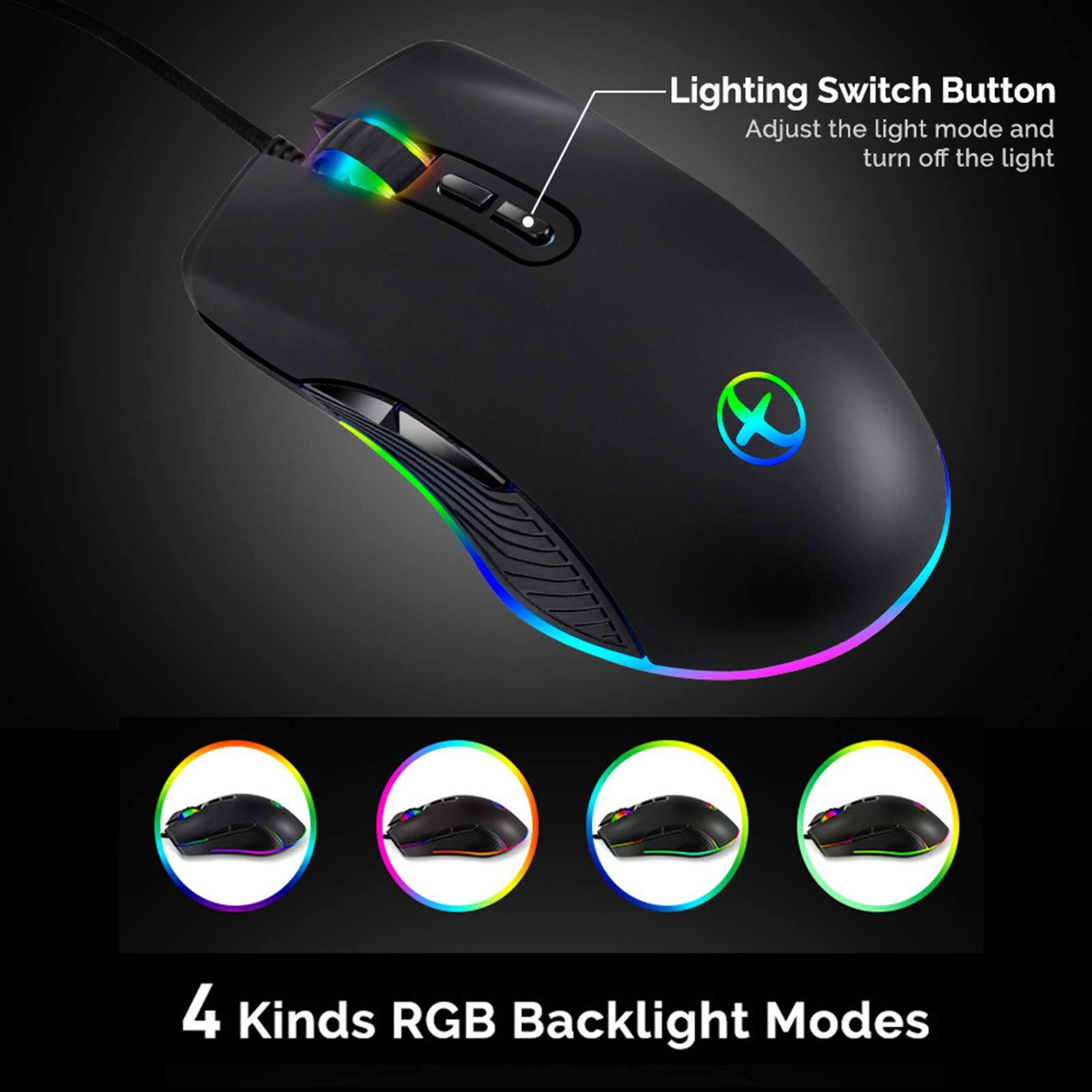 Lighting Switch Button  
Adjust the light mode and turn off the light  

4 Kinds RGB Backlight Modes