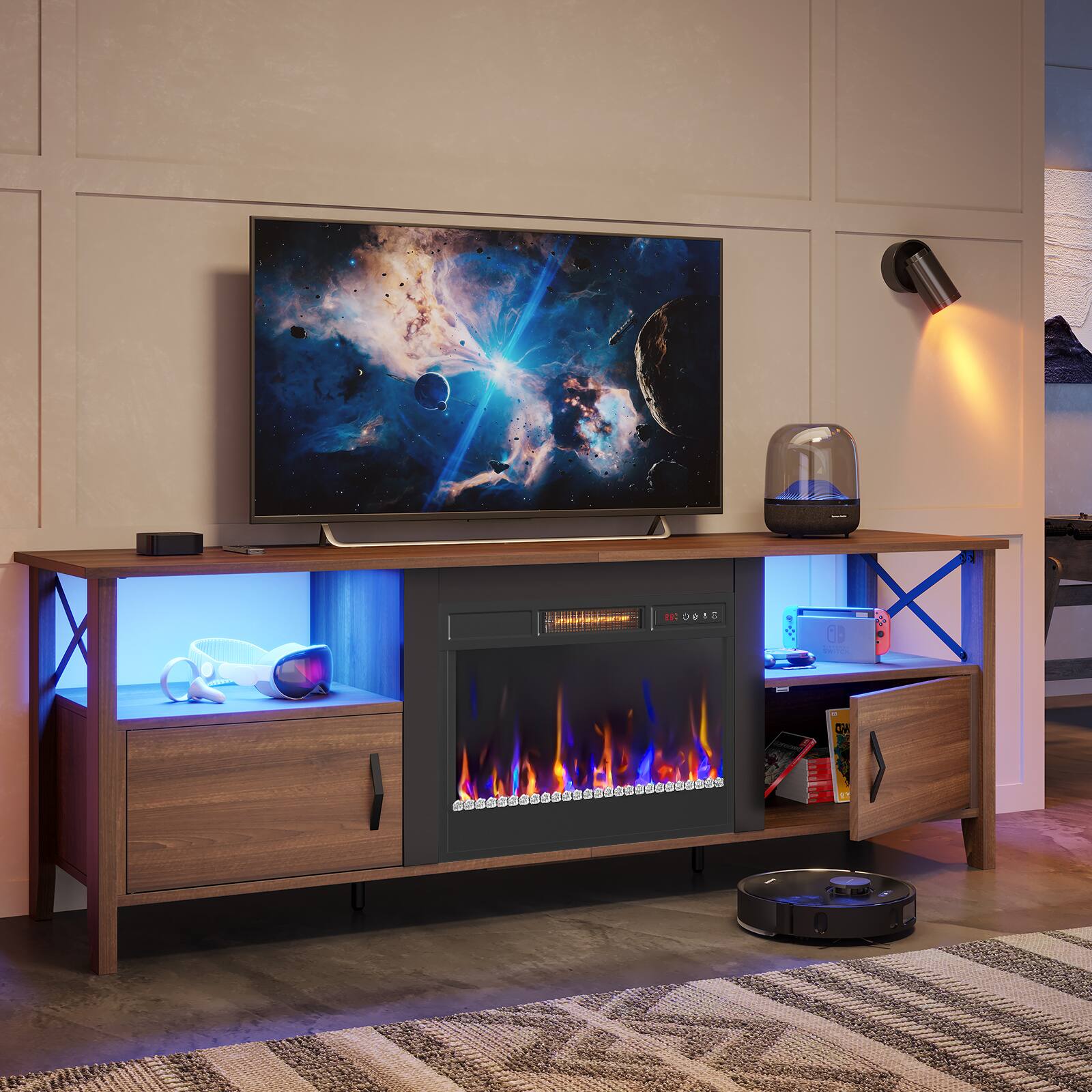 I'm not sure what you are asking for. The image shows a television sitting on top of a wooden entertainment center. The television is displaying a picture of a fireplace. There is also a robot vacuum cleaner sitting on the floor in front of the television.