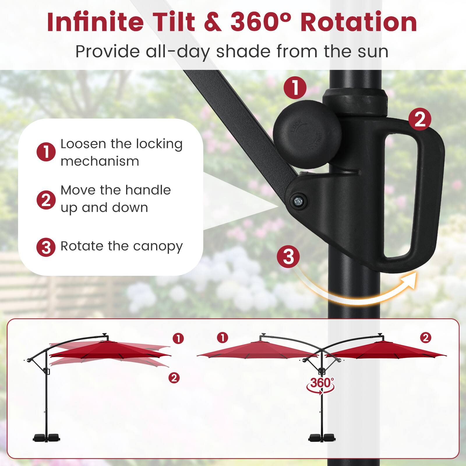Infinite Tilt & 360° Rotation  
Provide all-day shade from the sun

1. Loosen the locking mechanism
2. Move the handle up and down
3. Rotate the canopy

1. Loosen the locking mechanism
2. Move the handle up and down
3. Rotate the canopy

360°