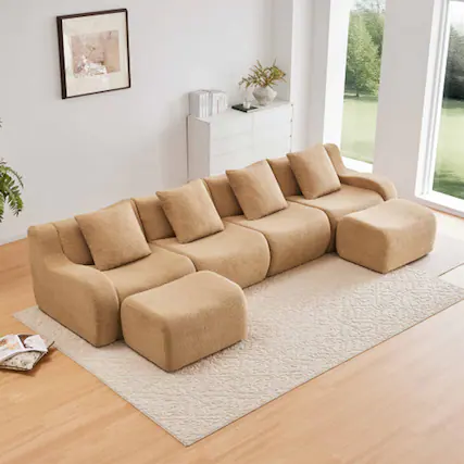 Front. Aukfa - Modular Teddy Fabric Sofa - 4-Seat Sectional with 2 Ottomans, Soft Boneless Design for Living Room - Camel.