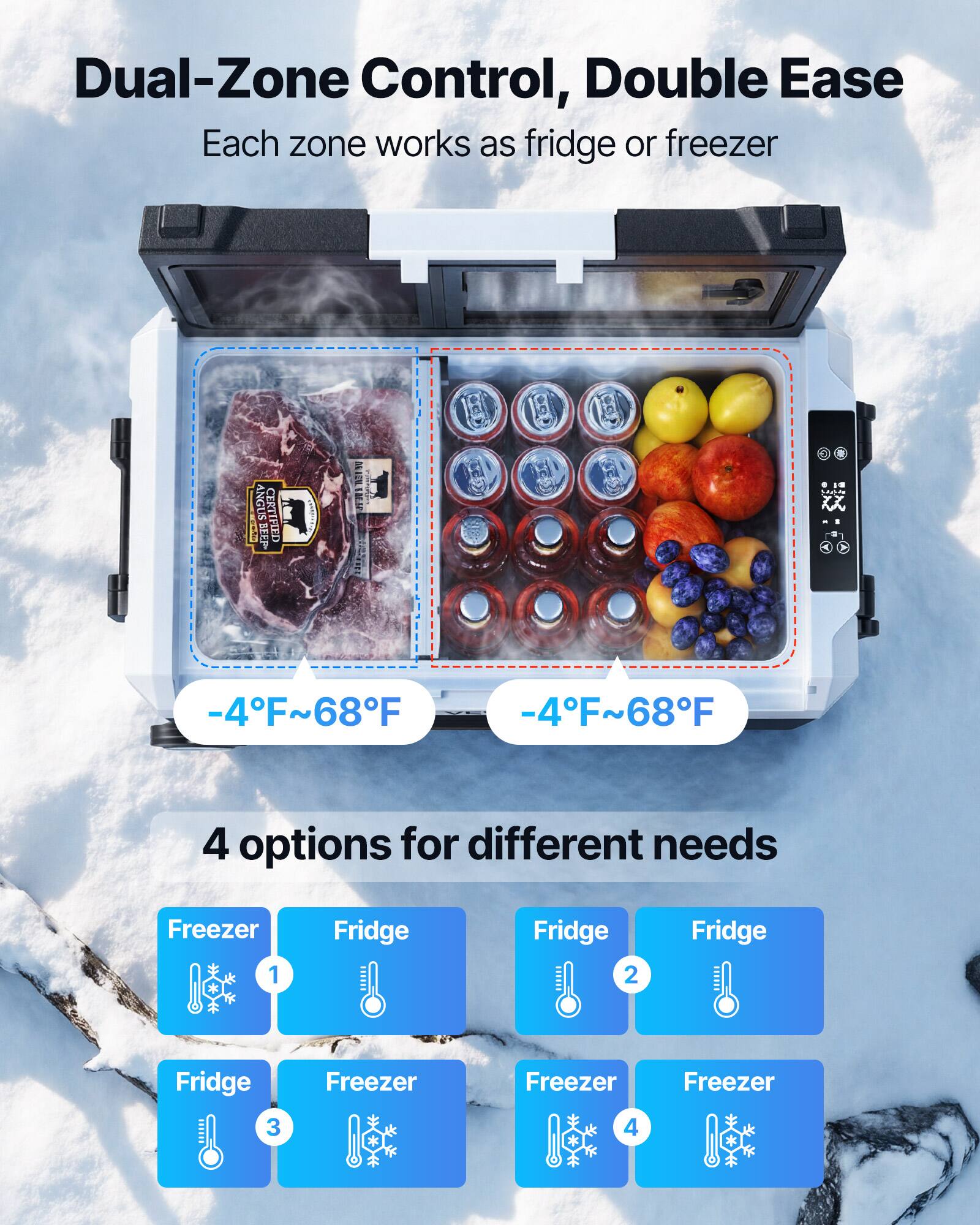 Dual-Zone Control, Double Ease  
Each zone works as fridge or freezer  

ANGUS CERTIFIED  

-4°F~68°F  

4 options for different needs  
1. Freezer  
2. Fridge  
3. Fridge  
4. Freezer
