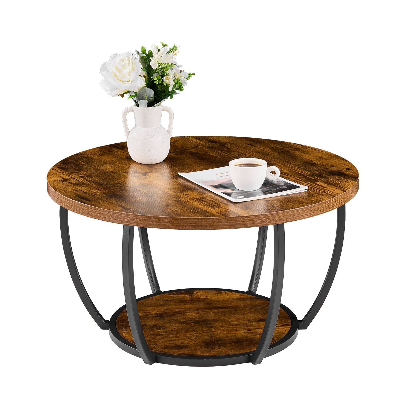 VEVOR - Coffee Table, Modern Round Coffee Table,2 Tiers Wooden Circle Center Desk with Open Storage, Metal Frame Accent End Desk - Rustic Brown
